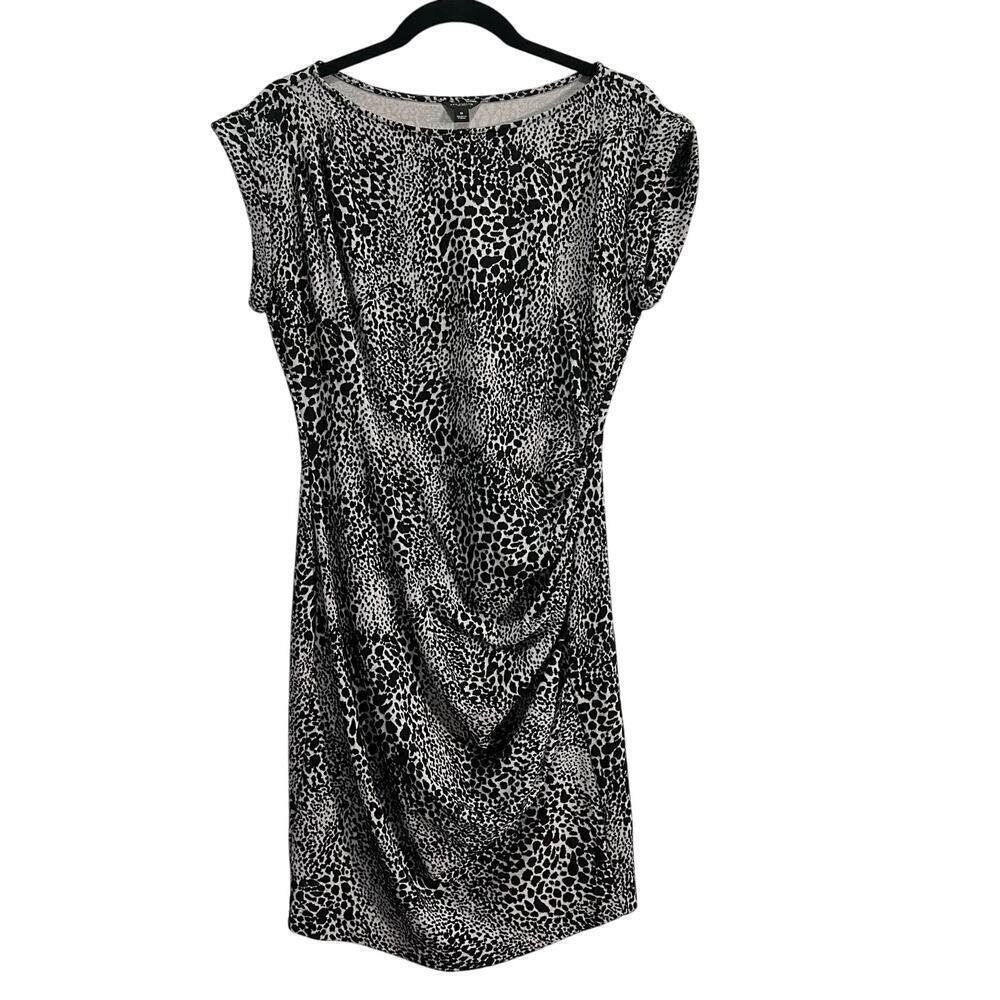 Ann Taylor Snow Leopard Print Cuffed Cap Sleeve Ruche Side Womens Dress Size 8